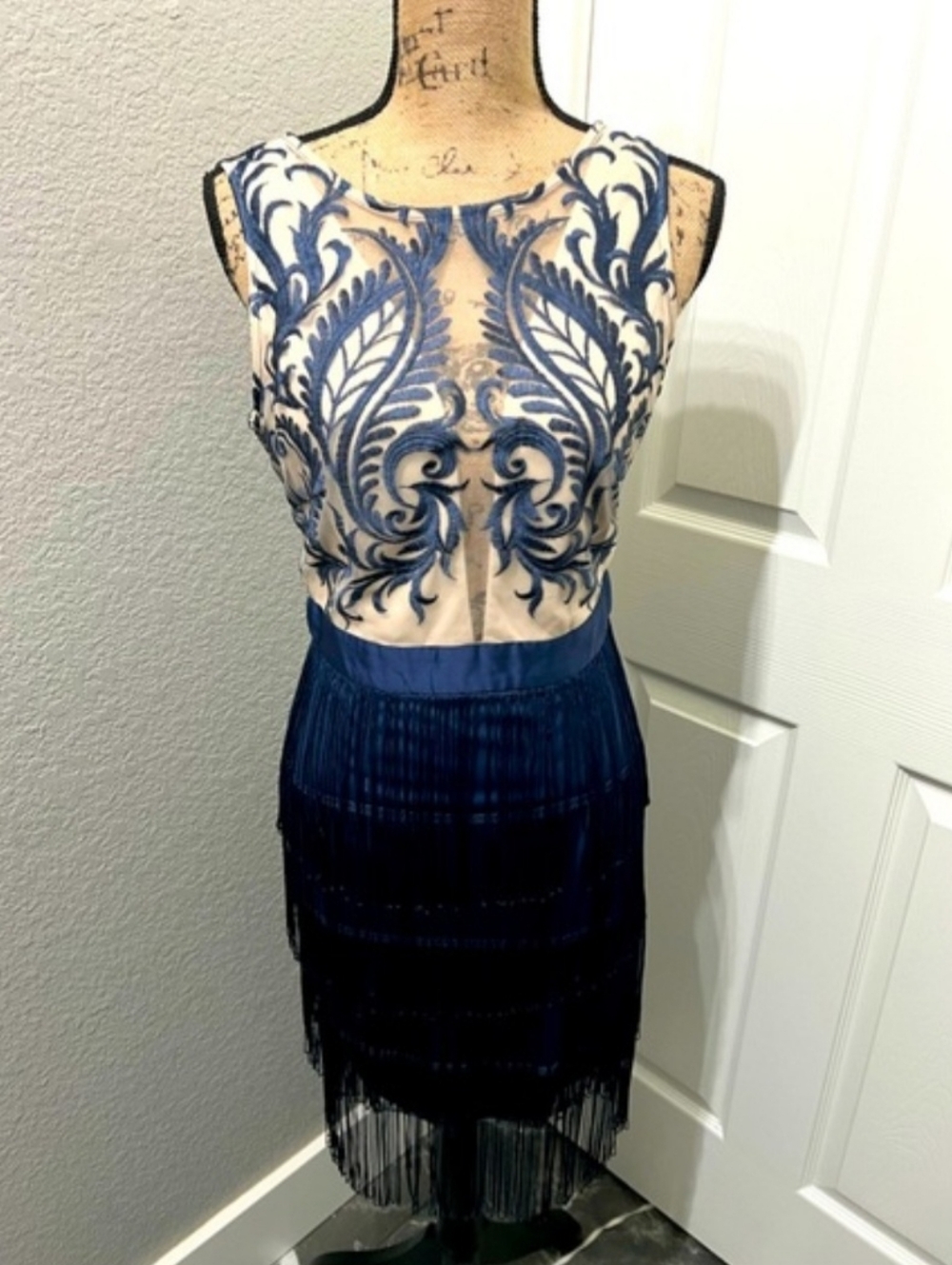 Midnight Blue Midi w/ Intricate Embroidery And Fringe Detail